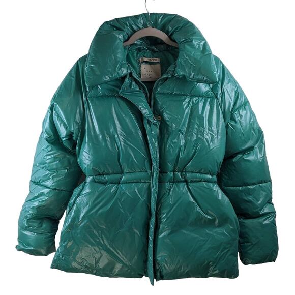 Wet Look Puffer Jacket A New‎ Day Jade XXL Green Winter Coat Zip Up Puffy Cinch - Picture 1 of 11